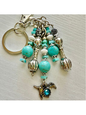 NEW Turquoise Horse Bag Charm Keychain Handmade Crystal Beaded One of a Kind (41